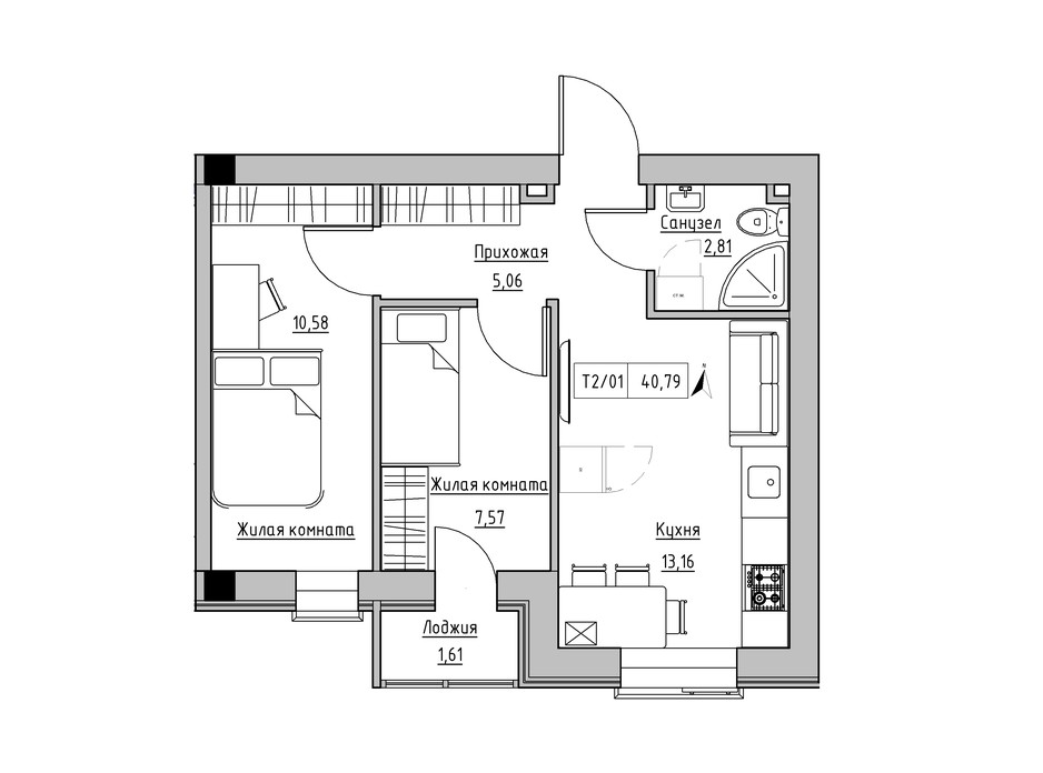 Планировка 2-комнатной квартиры в ЖК KEKS 40.79 м², фото 241440 Планировка 2-комнатной квартиры в ЖК KEKS 40.79 м², фото 241440