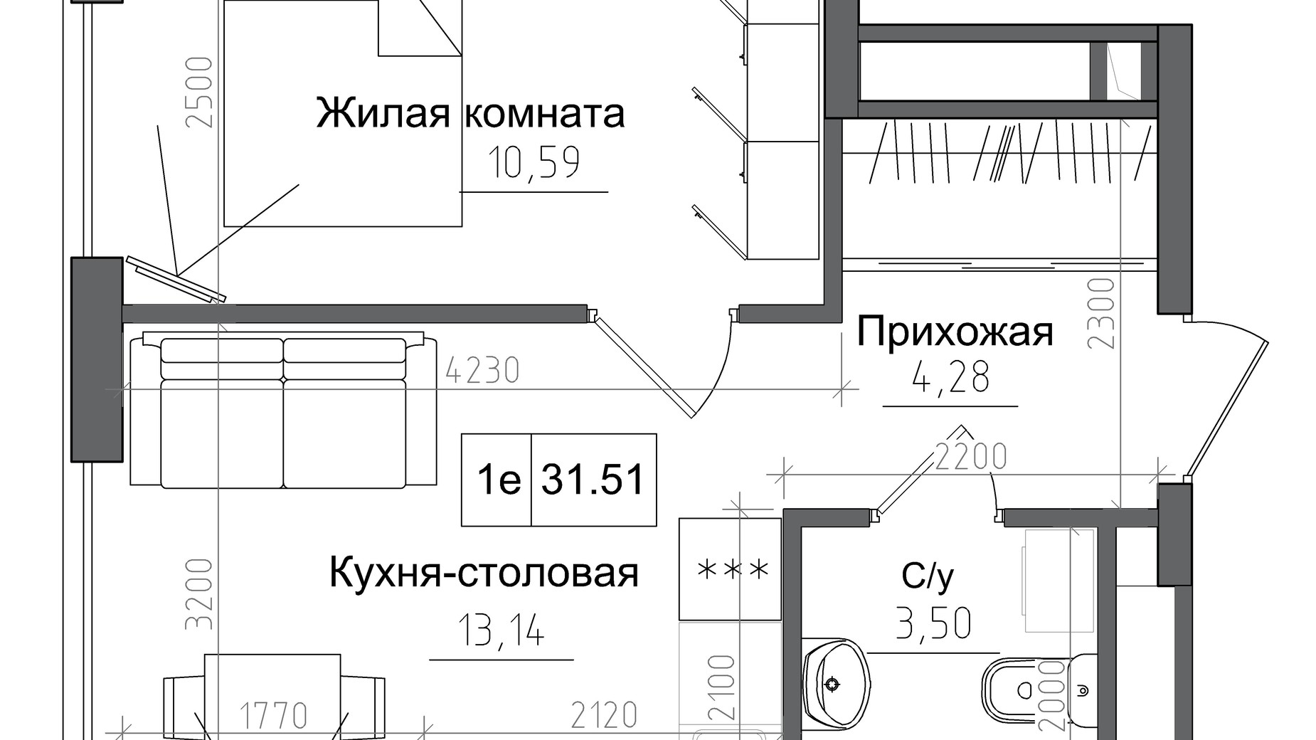 Планування 1-кімнатної квартири в ЖК Artville 31.51 м², фото 241444