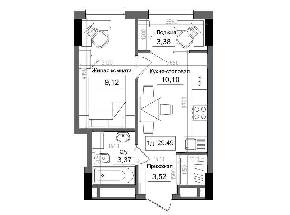 Планировка 1-комнатной квартиры в ЖК Artville 29.49 м², фото 241446 Планировка 1-комнатной квартиры в ЖК Artville 29.49 м², фото 241446