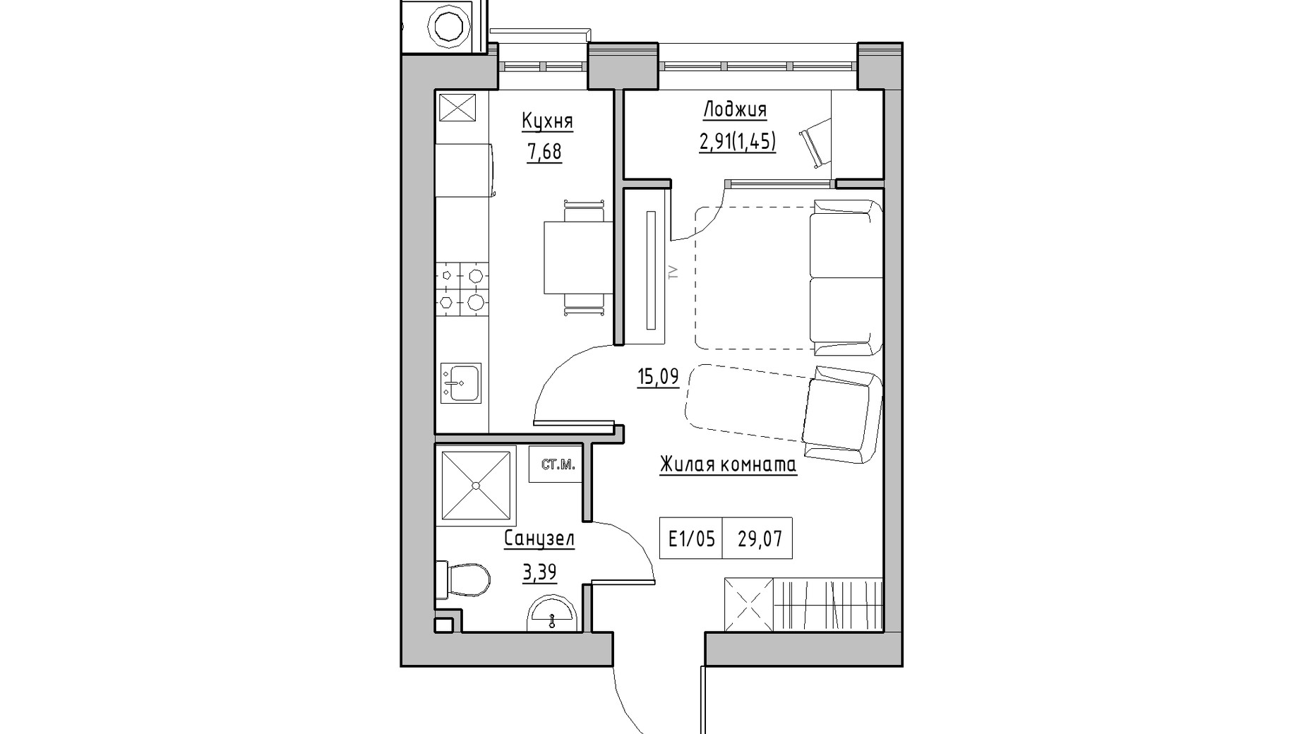 Планировка 1-комнатной квартиры в ЖК KEKS 29.07 м², фото 241452