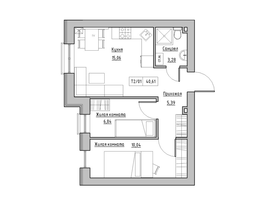 Планировка 2-комнатной квартиры в ЖК KEKS 40.49 м², фото 241454 Планировка 2-комнатной квартиры в ЖК KEKS 40.49 м², фото 241454