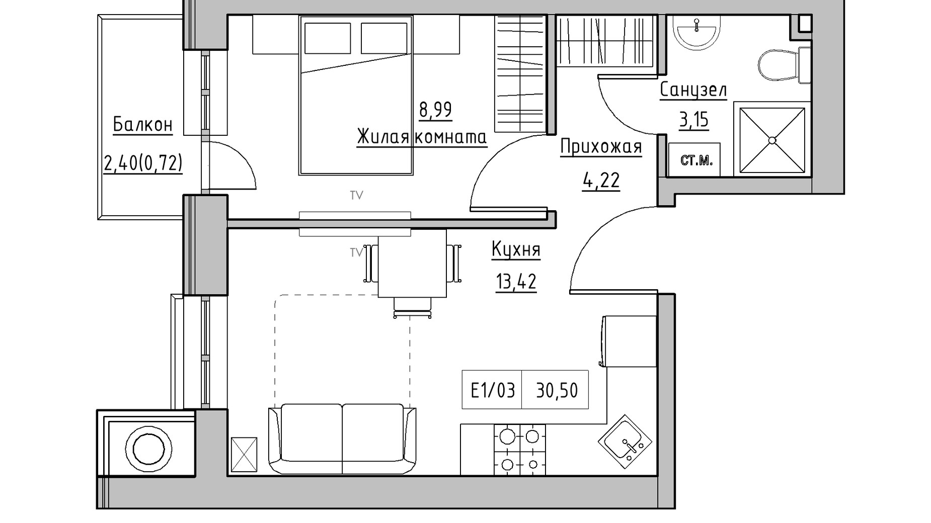 Планировка 1-комнатной квартиры в ЖК KEKS 30.5 м², фото 241457