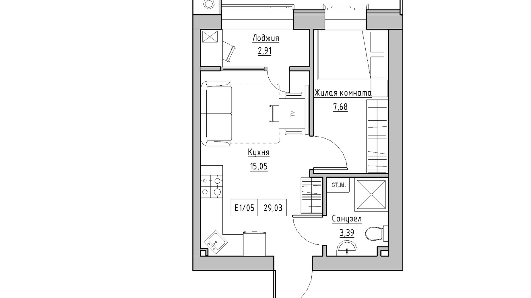 Планировка 1-комнатной квартиры в ЖК KEKS 29.03 м², фото 241461