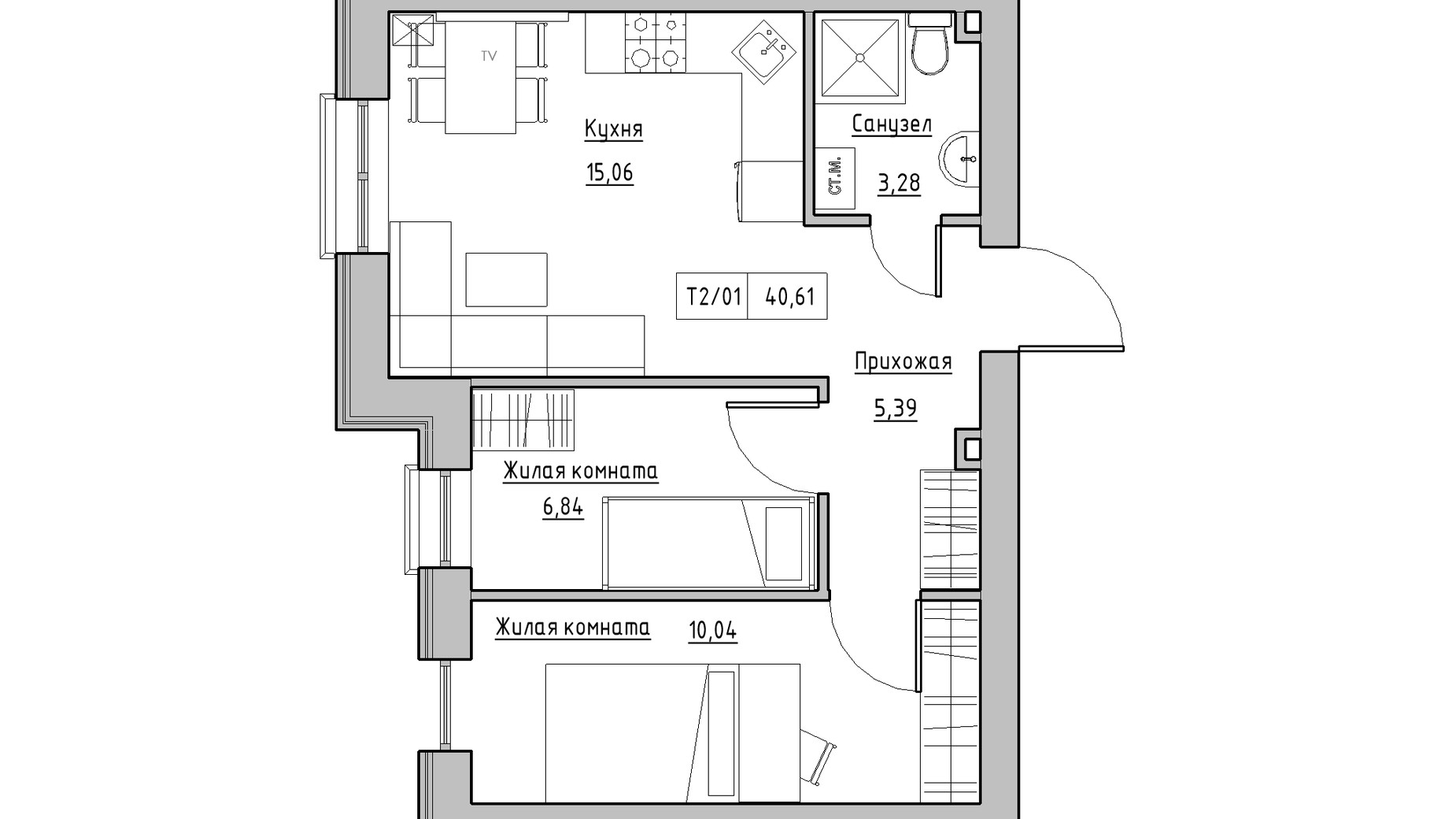 Планировка 2-комнатной квартиры в ЖК KEKS 40.44 м², фото 241464