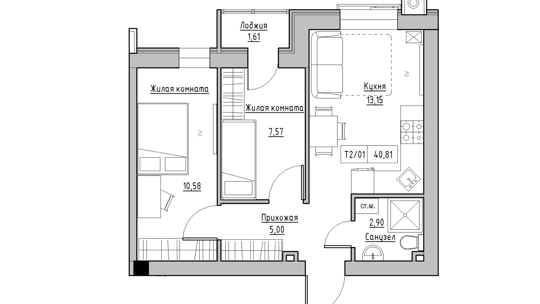 Планировка 2-комнатной квартиры в ЖК KEKS 40.81 м², фото 241465