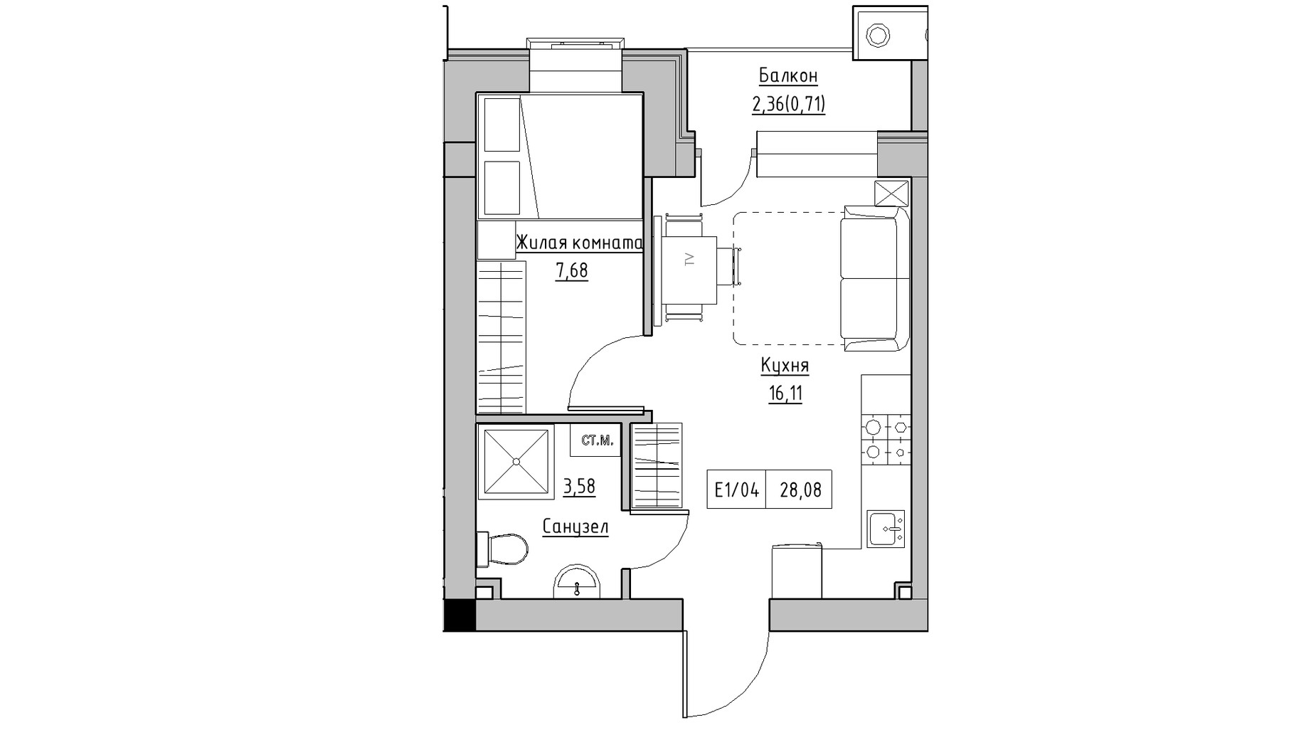 Планировка 1-комнатной квартиры в ЖК KEKS 28.08 м², фото 241469