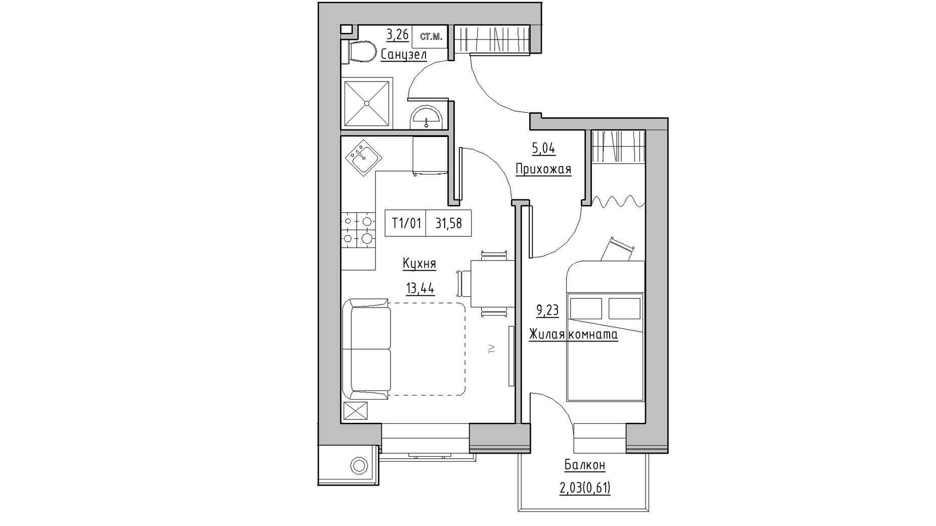 Планировка 1-комнатной квартиры в ЖК KEKS 31.58 м², фото 241471