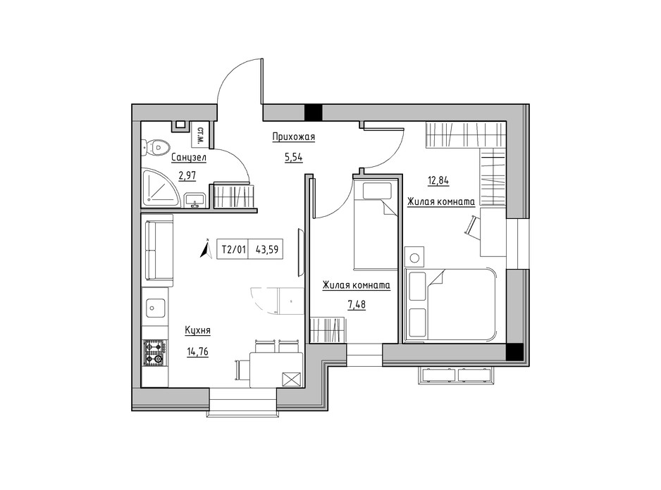 Планировка 2-комнатной квартиры в ЖК KEKS 43.59 м², фото 241474 Планировка 2-комнатной квартиры в ЖК KEKS 43.59 м², фото 241474