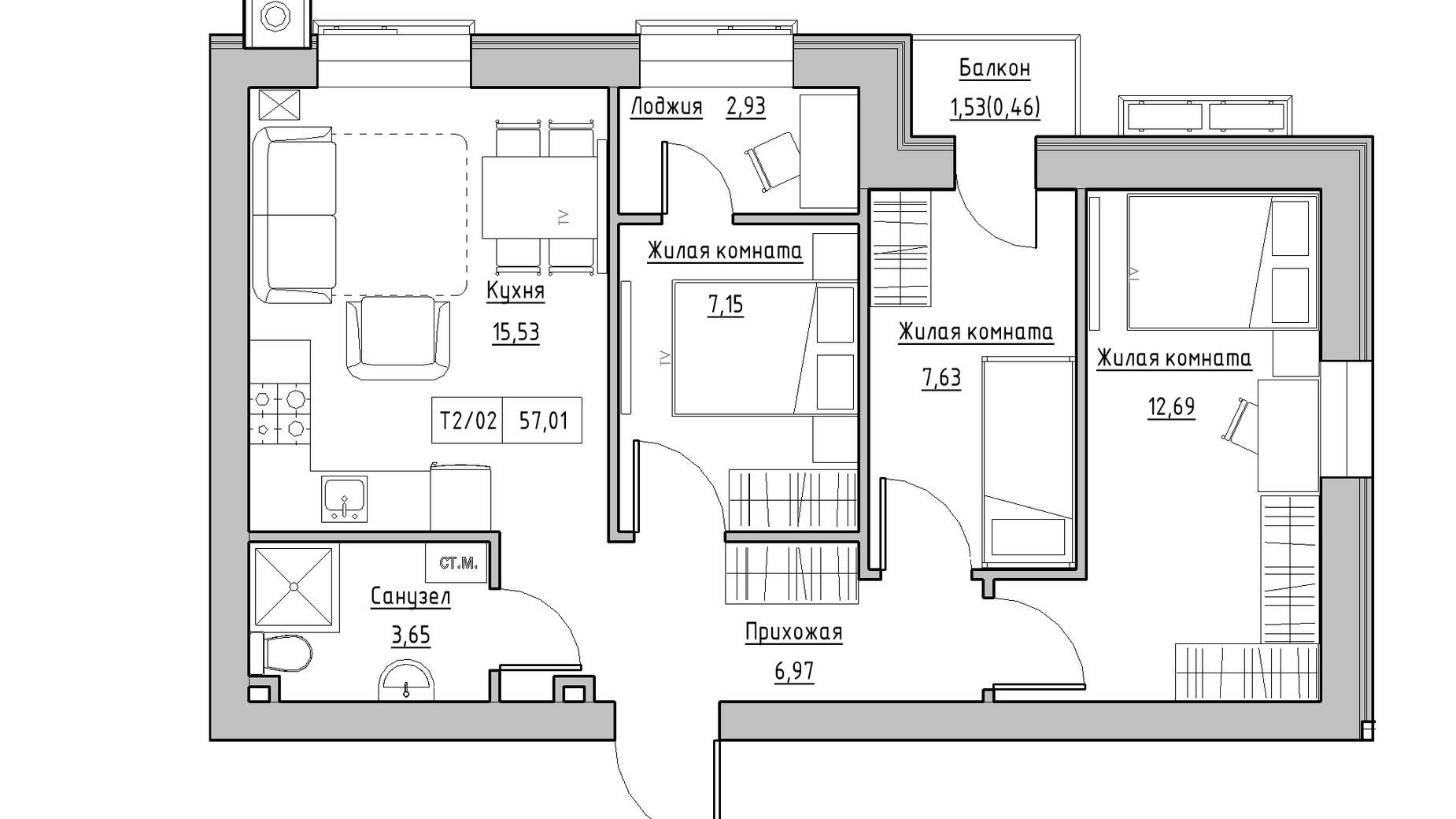 Планировка 3-комнатной квартиры в ЖК KEKS 57.01 м², фото 241476