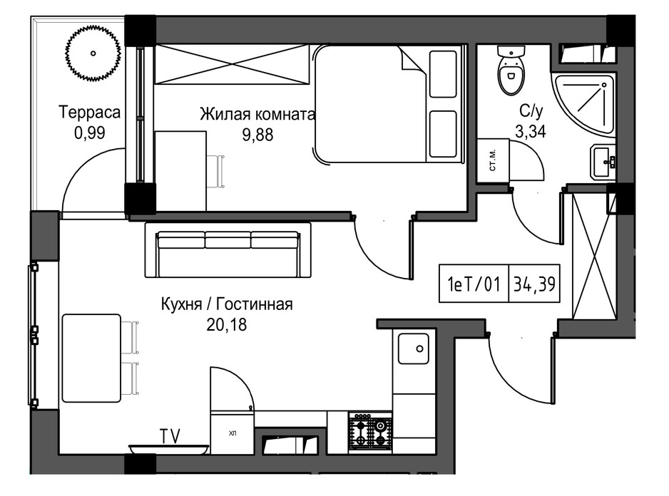 Планировка 1-комнатной квартиры в ЖК Artville 34.39 м², фото 241483 Планировка 1-комнатной квартиры в ЖК Artville 34.39 м², фото 241483