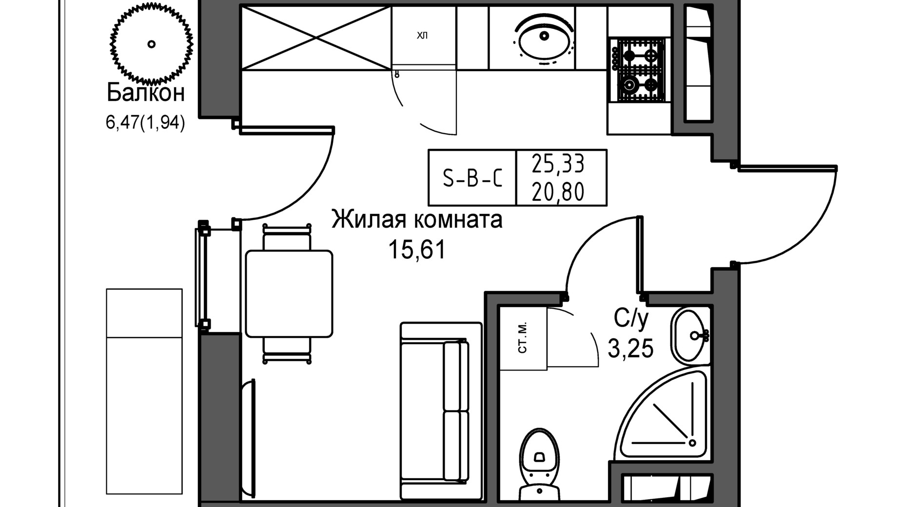 Планировка смарт квартиры в ЖК Artville 25.33 м², фото 241484