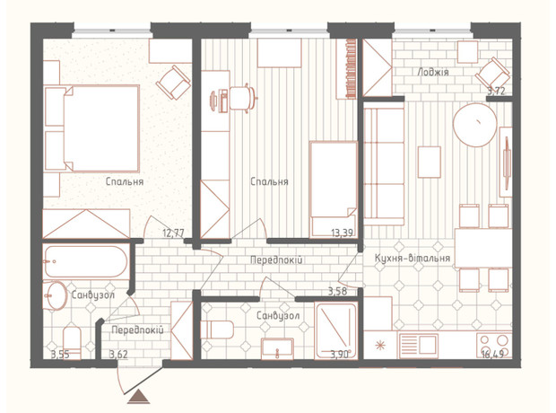 ЖК Нова Англія: планування 2-кімнатної квартири 61.02 м²