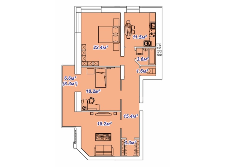 Планировка 3-комнатной квартиры в ЖК Яровица 108.9 м², фото 242059 Планировка 3-комнатной квартиры в ЖК Яровица 108.9 м², фото 242059