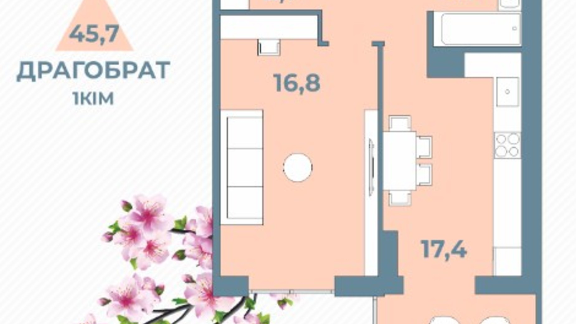 Планування 1-кімнатної квартири в ЖК Kyiv Sky 45.7 м², фото 242109