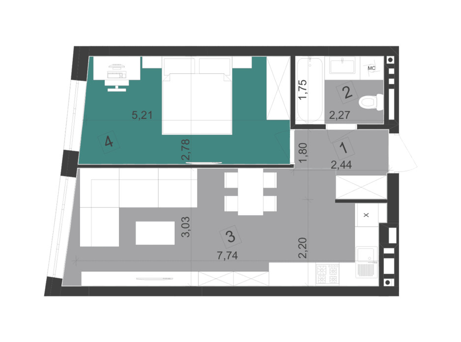 Планировка 1-комнатной квартиры в ЖК Парус City 44.6 м², фото 242271 Планировка 1-комнатной квартиры в ЖК Парус City 44.6 м², фото 242271