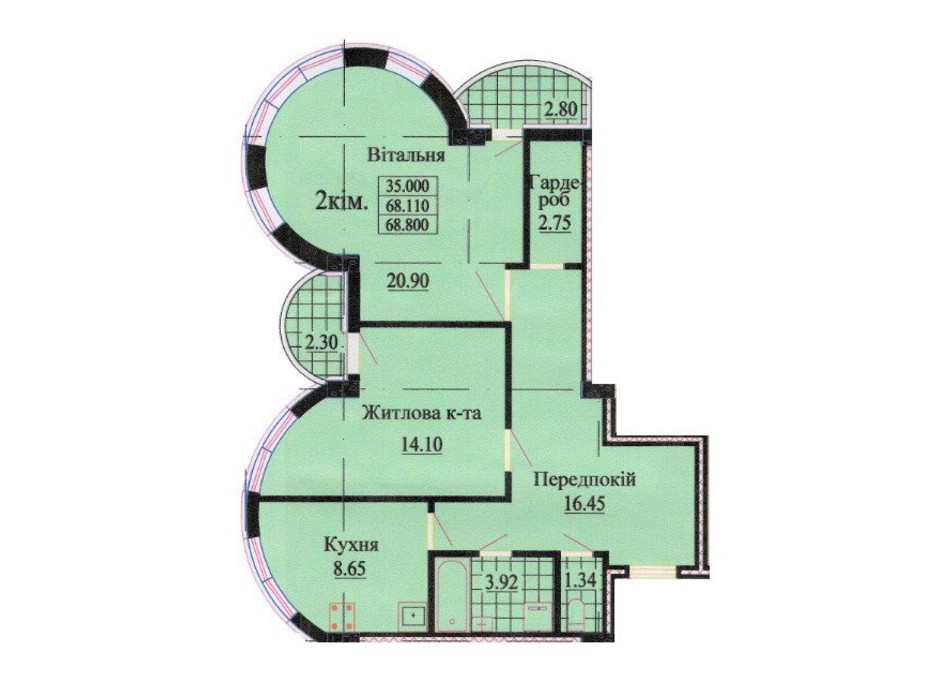 Планировка 2-комнатной квартиры в ЖК ул. Роксоланы, 16 68.1 м², фото 242341 Планировка 2-комнатной квартиры в ЖК ул. Роксоланы, 16 68.1 м², фото 242341