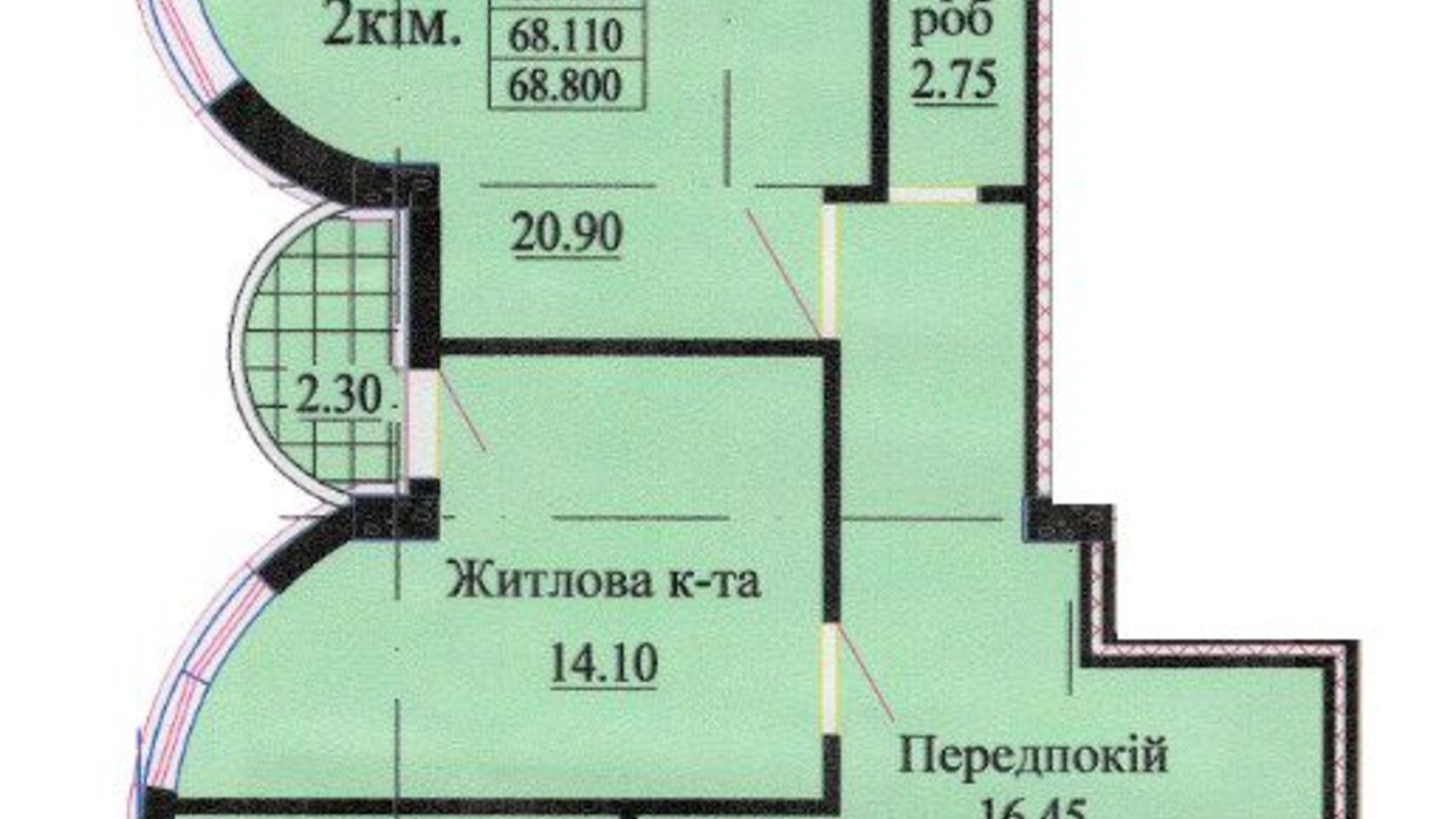 Планировка 2-комнатной квартиры в ЖК ул. Роксоланы, 16 68.9 м², фото 242342