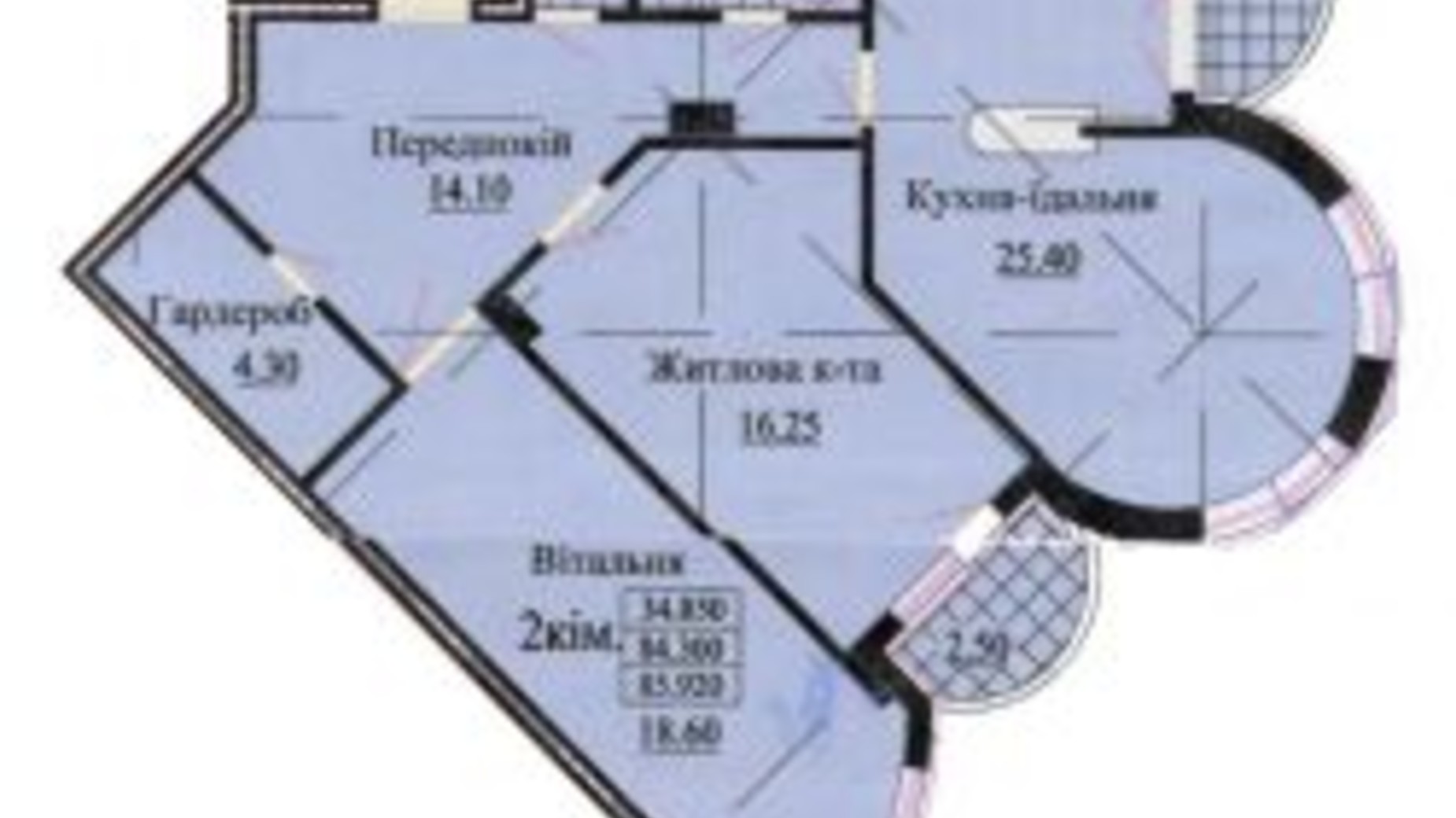 Планировка 2-комнатной квартиры в ЖК ул. Роксоланы, 16 85.2 м², фото 242344