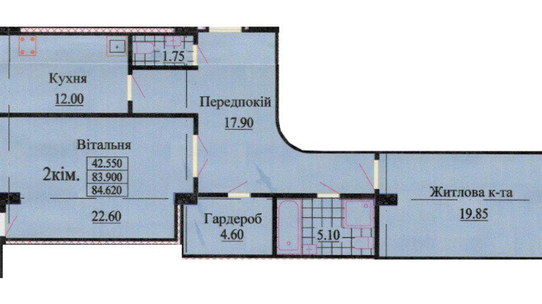 Планування 2-кімнатної квартири в ЖК вул. Роксолани, 16 83.2 м², фото 242345