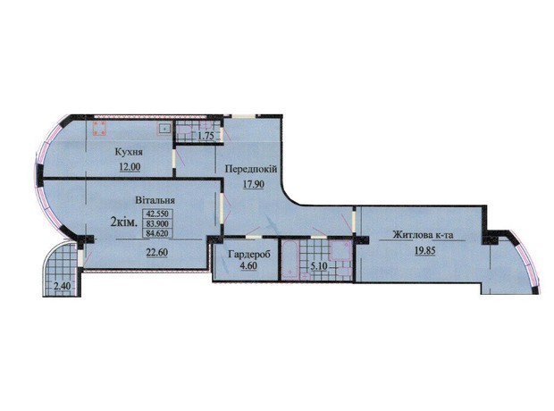 ЖК ул. Роксоланы, 16: планировка 2-комнатной квартиры 83.2 м²