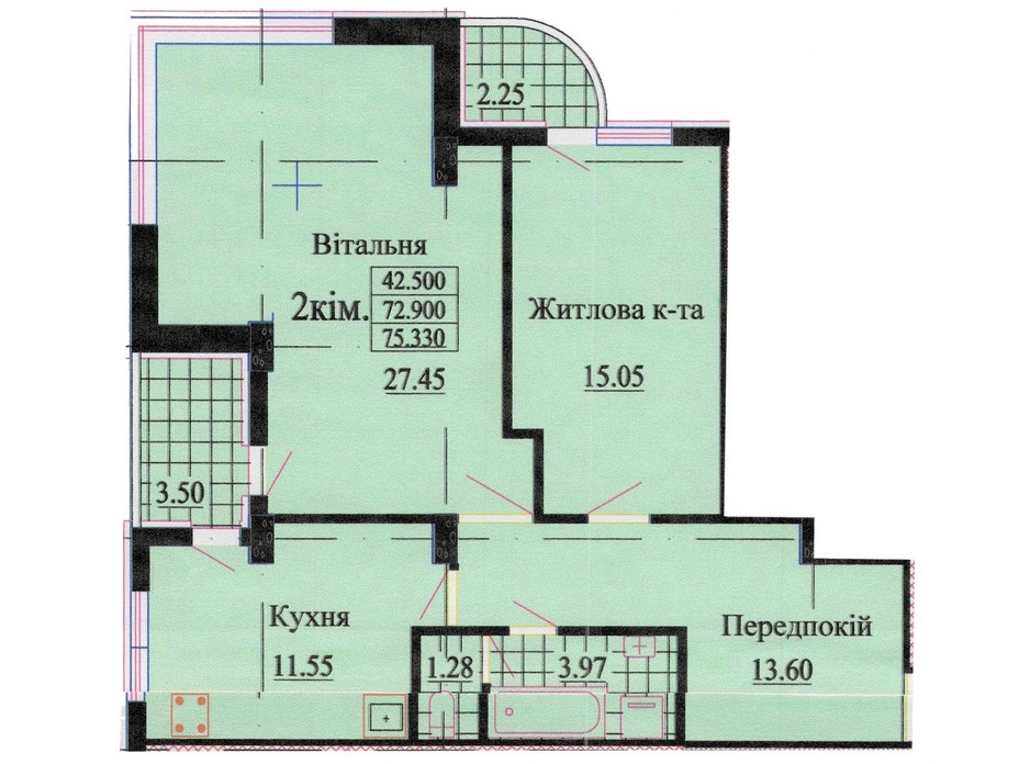 Планировка 2-комнатной квартиры в ЖК ул. Роксоланы, 16 74.5 м², фото 242348 Планировка 2-комнатной квартиры в ЖК ул. Роксоланы, 16 74.5 м², фото 242348