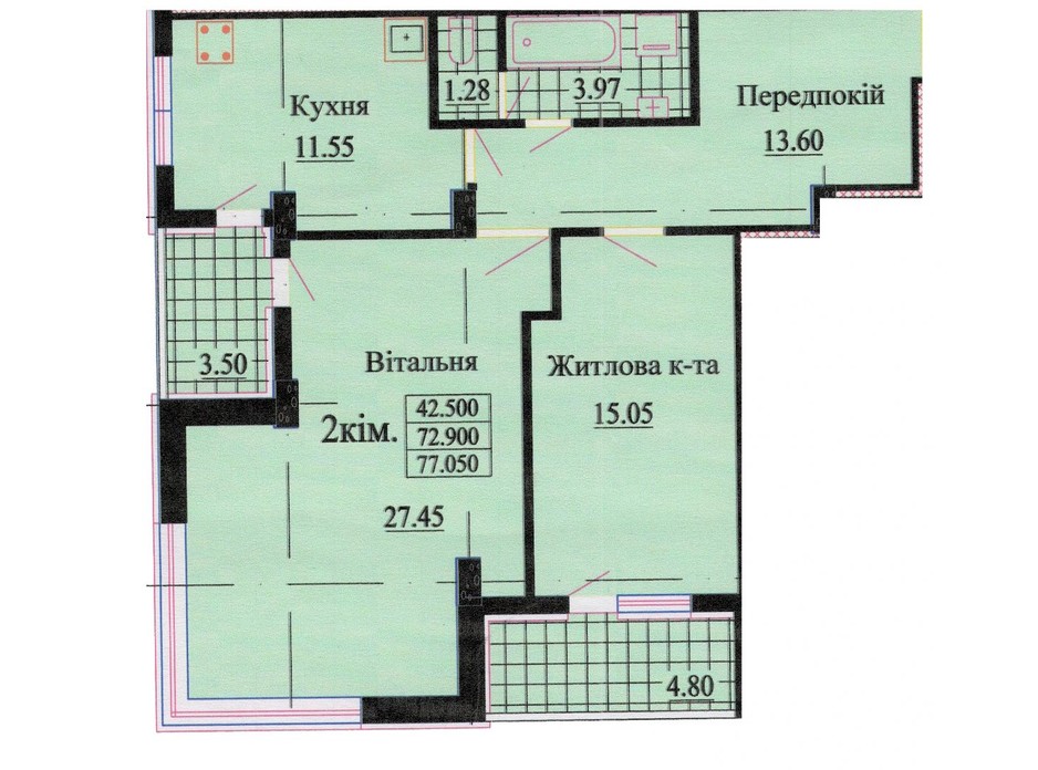 Планировка 2-комнатной квартиры в ЖК ул. Роксоланы, 16 76 м², фото 242350 Планировка 2-комнатной квартиры в ЖК ул. Роксоланы, 16 76 м², фото 242350
