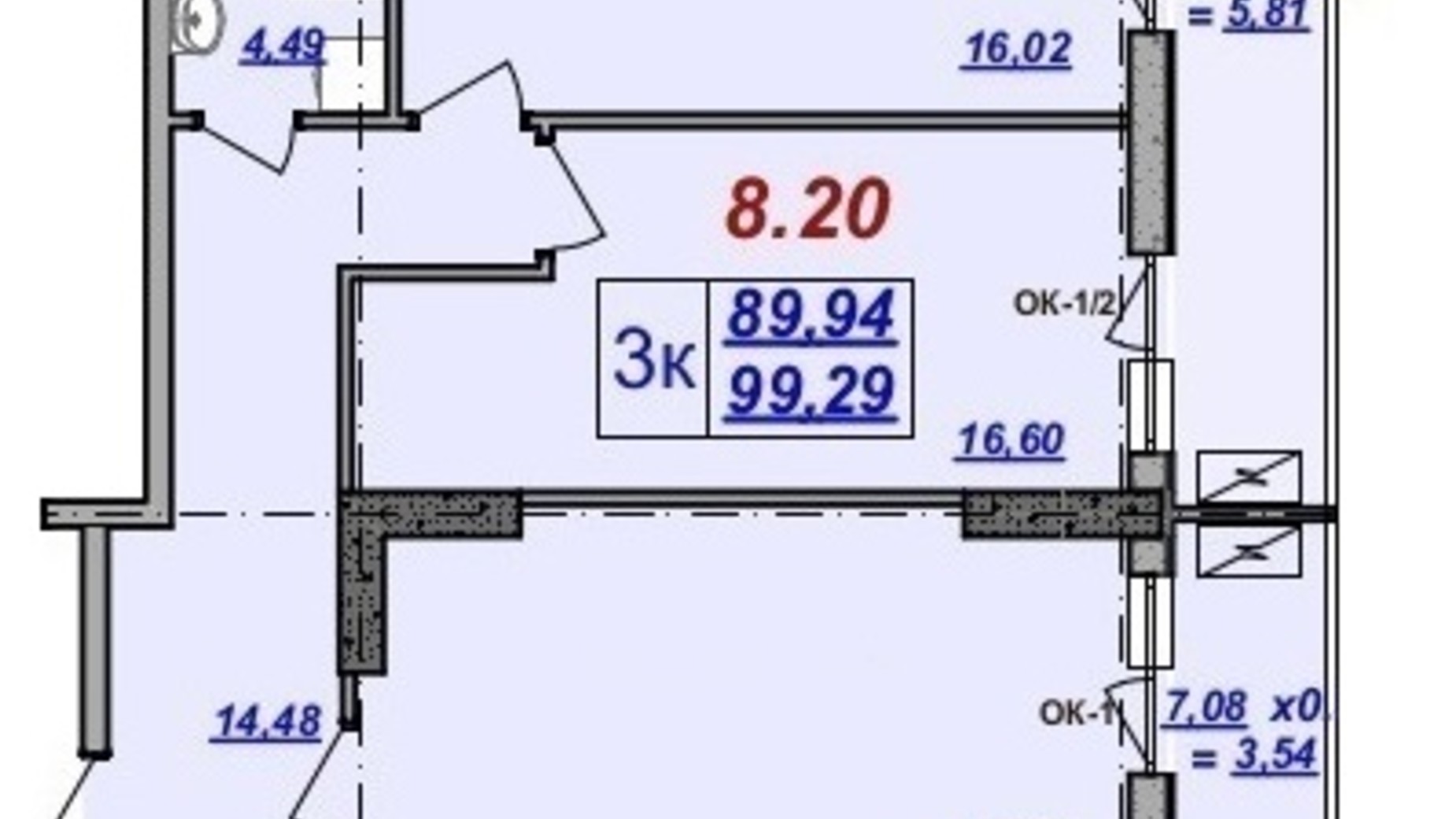 Планировка 3-комнатной квартиры в ЖК Милос 99.29 м², фото 242368