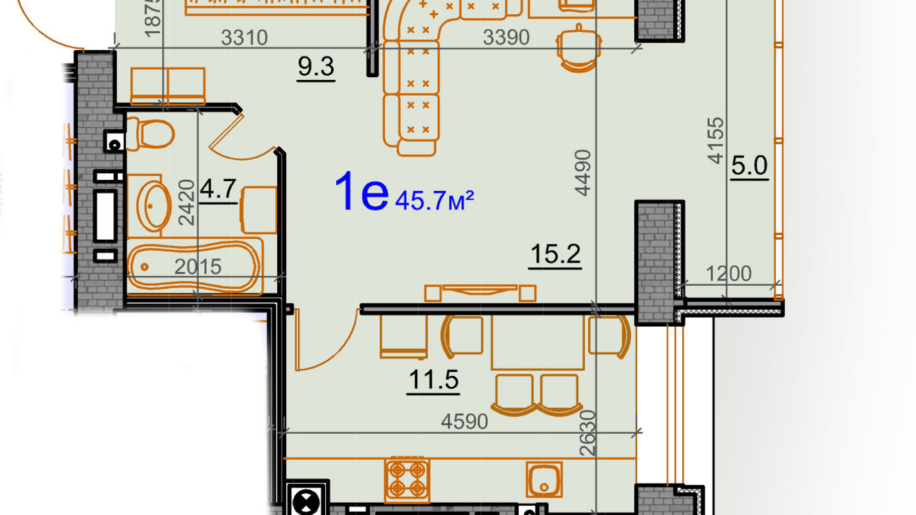 Планування 1-кімнатної квартири в ЖК Курортний 45.7 м², фото 242553