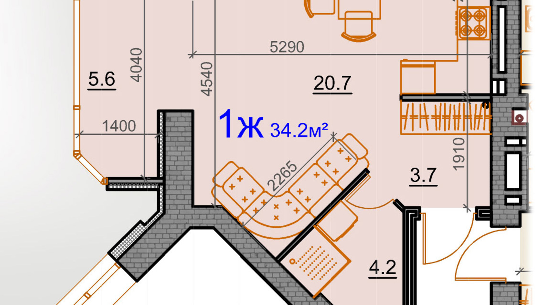 Планировка 1-комнатной квартиры в ЖК Курортный 34.2 м², фото 242554