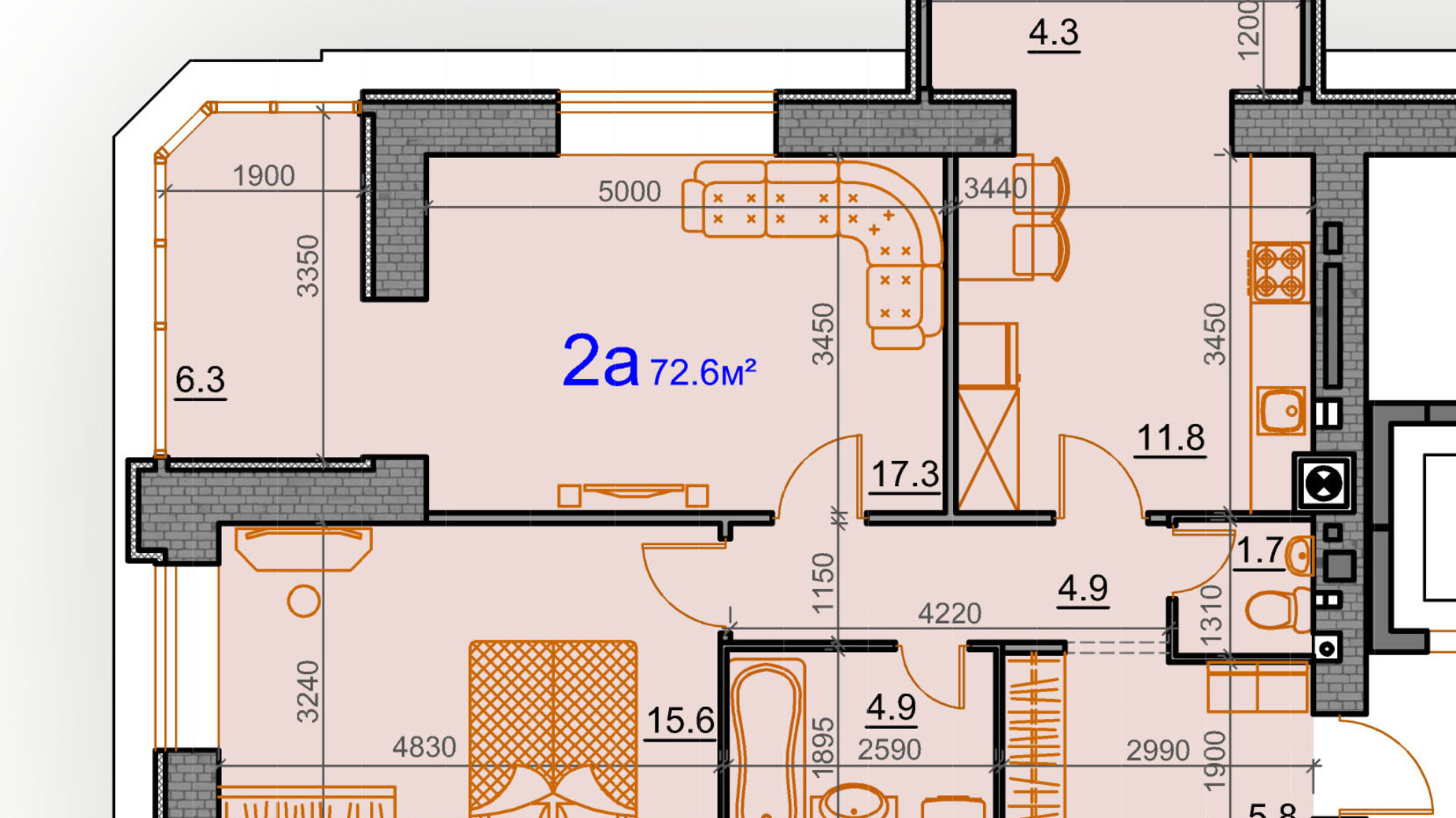 Планування 2-кімнатної квартири в ЖК Курортний 72.6 м², фото 242556