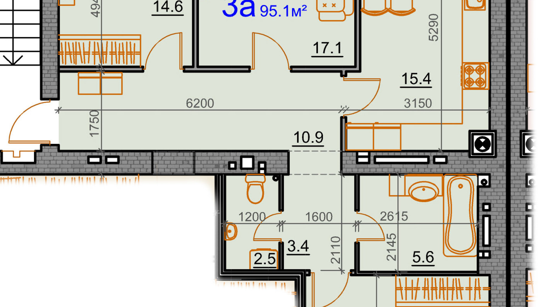 Планування 3-кімнатної квартири в ЖК Курортний 95.1 м², фото 242563