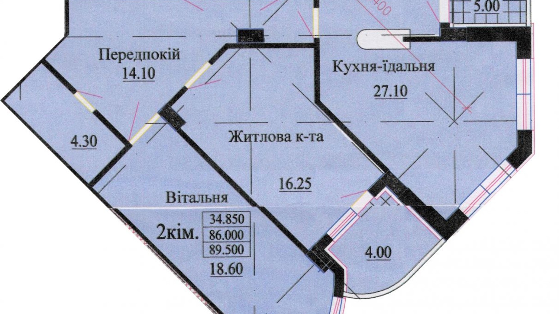 Планировка 3-комнатной квартиры в ЖК ул. Роксоланы, 16 96.3 м², фото 242592