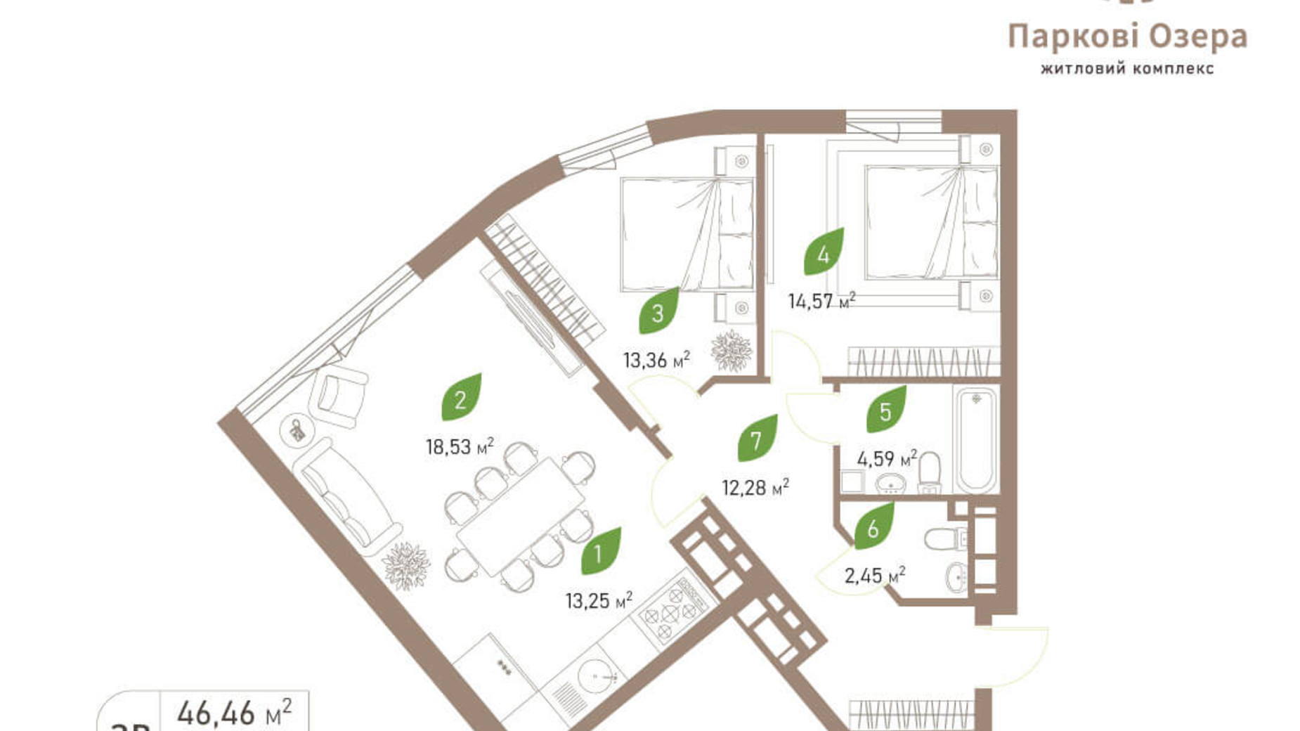 Планировка 3-комнатной квартиры в ЖК Парковые Озера 2 79.03 м², фото 242711