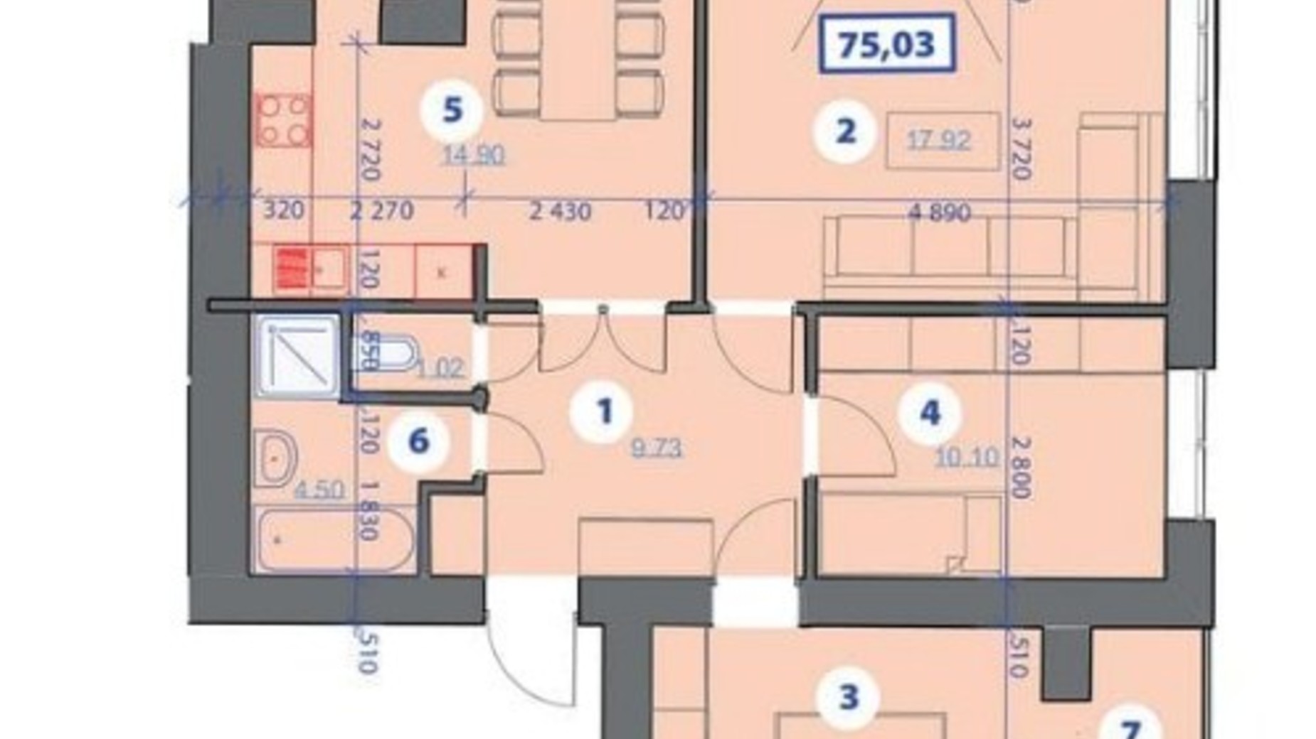 Планировка 3-комнатной квартиры в ЖК Квартал Галицкий 75.03 м², фото 243175