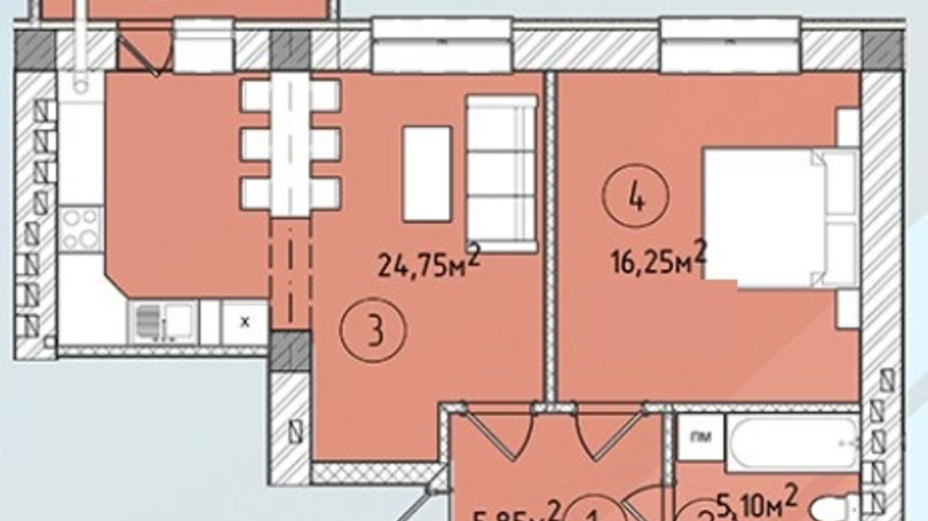 Планировка квартиры студии в ЖК Modern 54.3 м², фото 243224