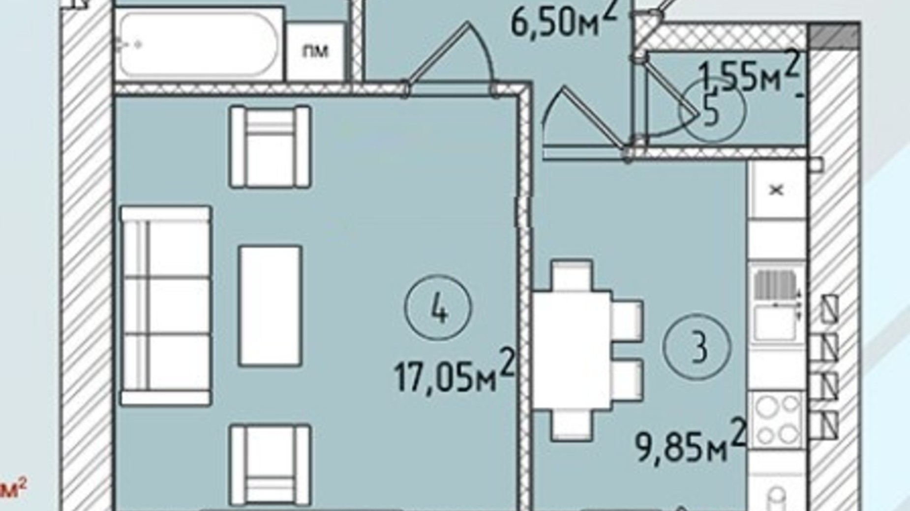 Планування 1-кімнатної квартири в ЖК Modern 42.5 м², фото 243229