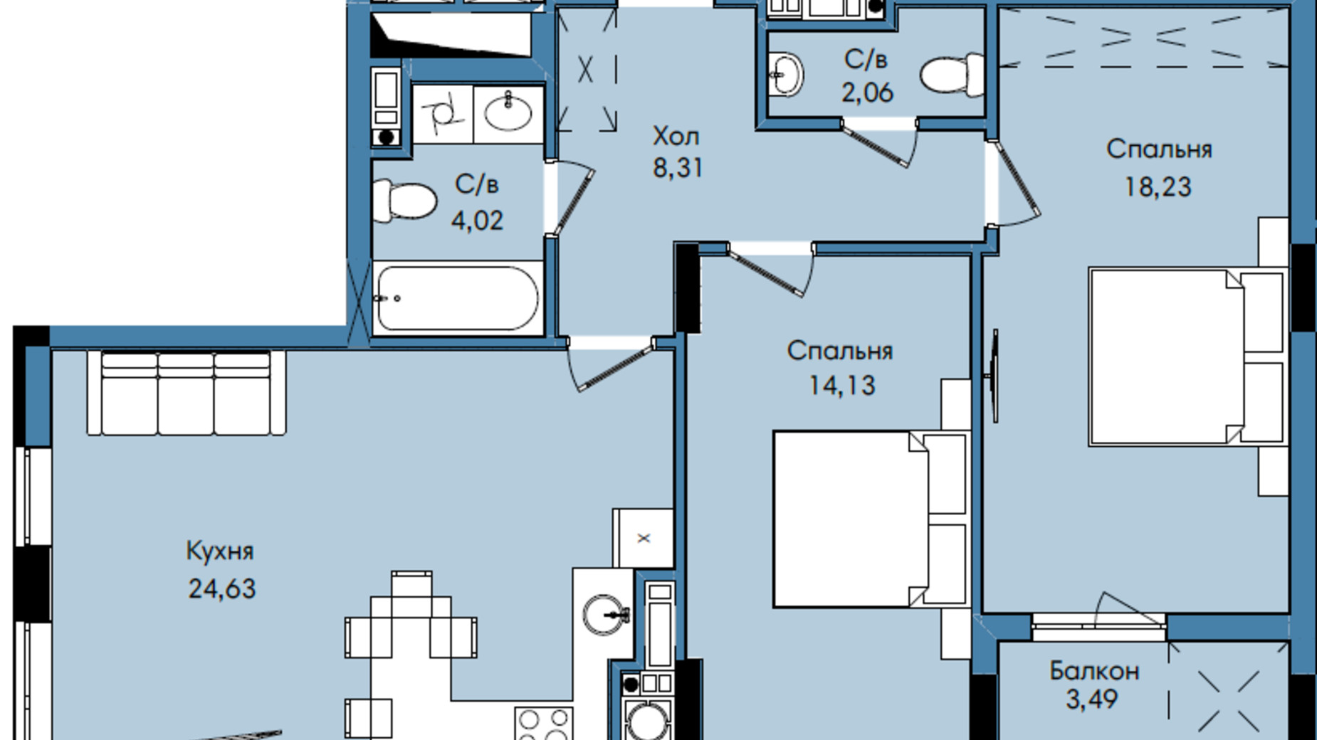 Планування 2-кімнатної квартири в ЖК Washington City 74.87 м², фото 243248