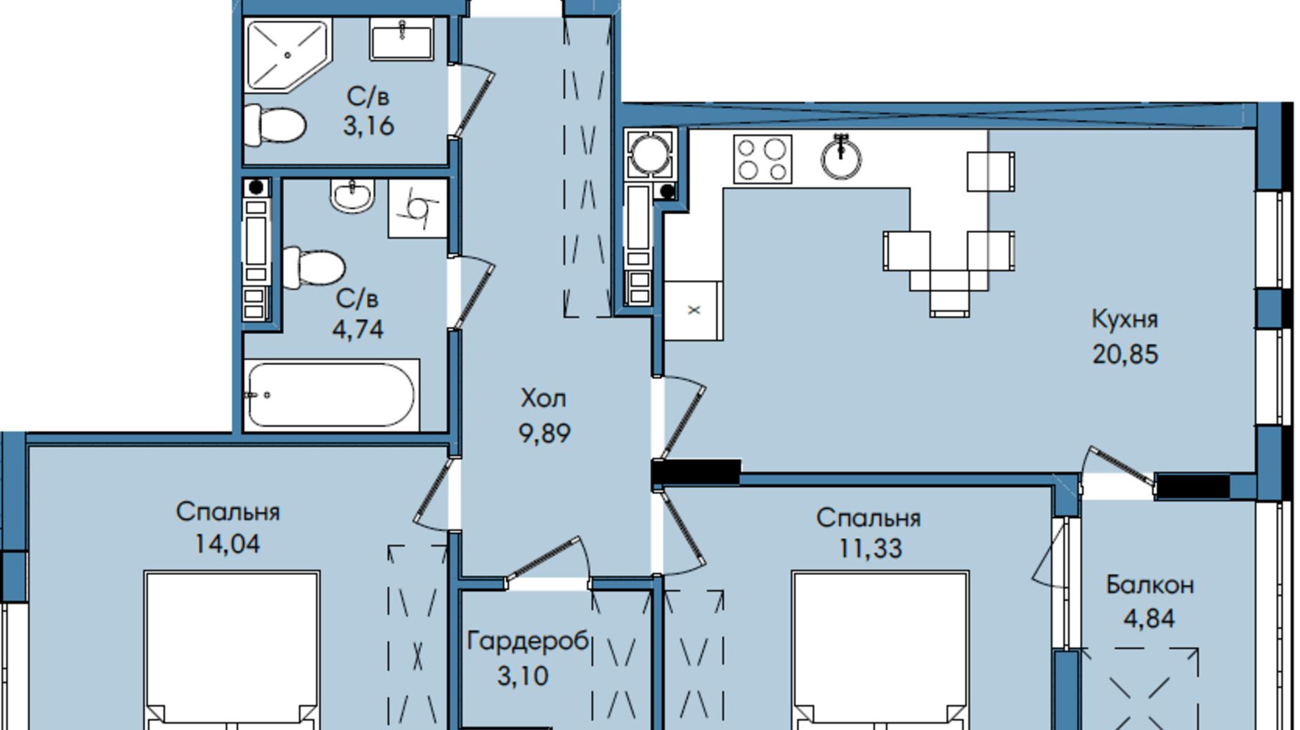 Планировка 2-комнатной квартиры в ЖК Washington City 71.95 м², фото 243261