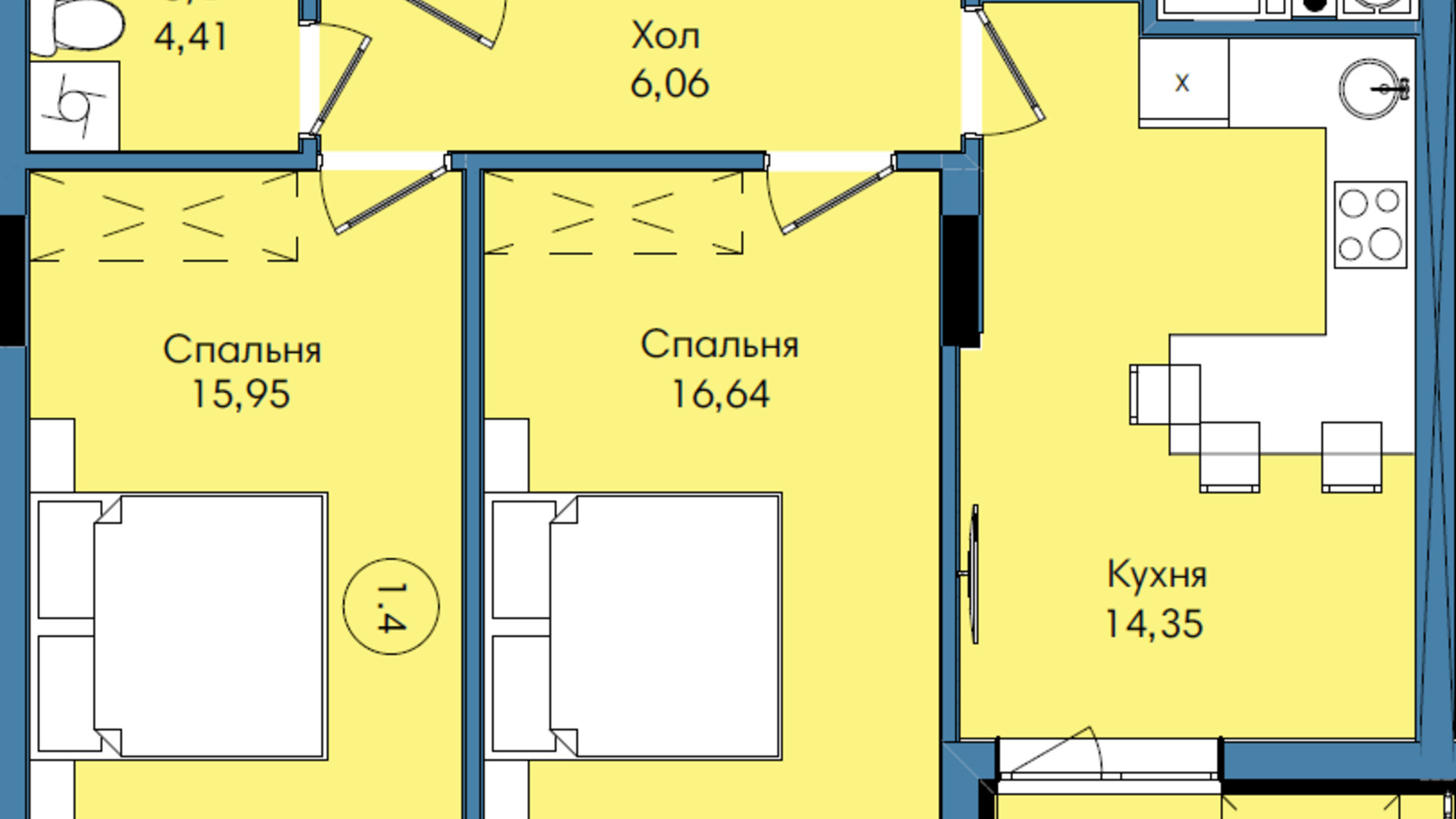 Планування 2-кімнатної квартири в ЖК Washington City 60.21 м², фото 243267