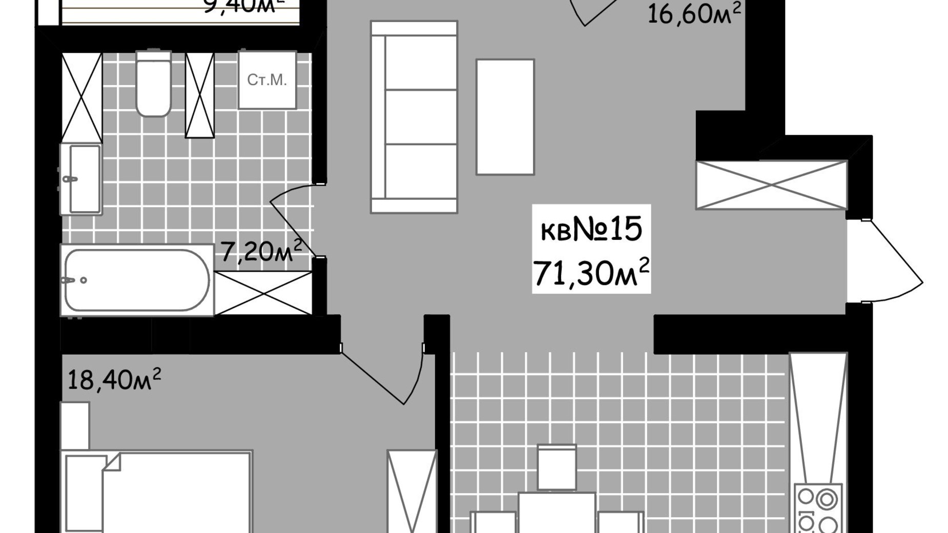 Планування 2-кімнатної квартири в ЖК Неосіті 71.3 м², фото 243497