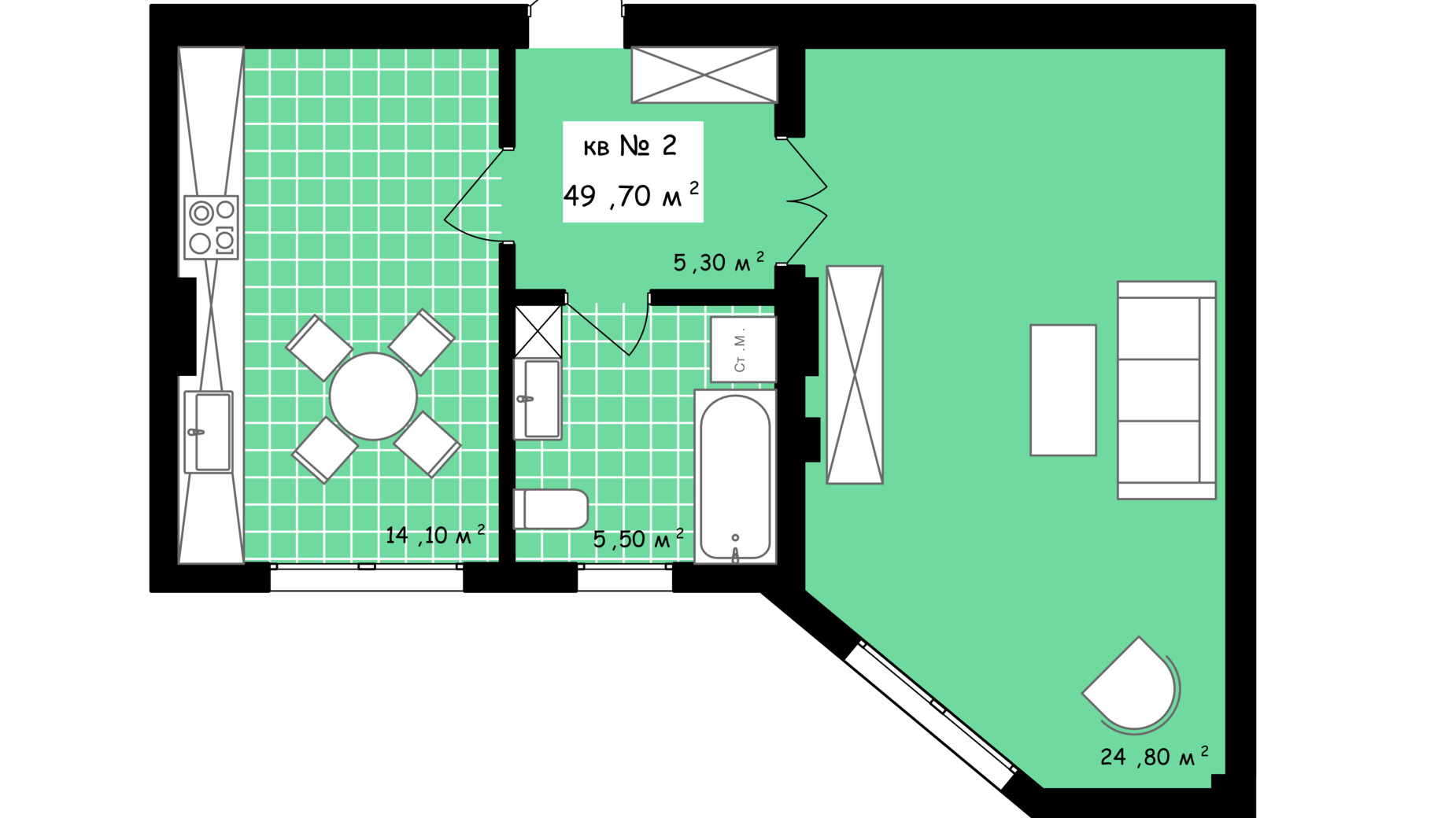 Планування 1-кімнатної квартири в ЖК Неосіті 49.7 м², фото 243498