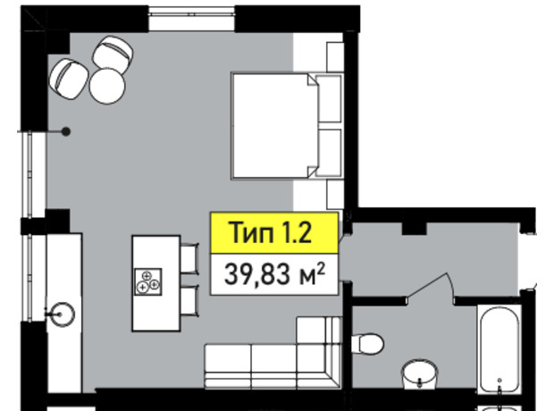 ЖК Urban One Sumskaya: планировка 1-комнатной квартиры 39.83 м²