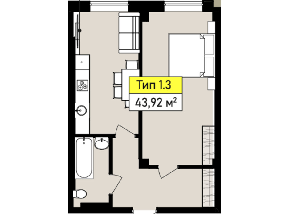 Планировка 1-комнатной квартиры в ЖК Urban One Sumskaya 43.92 м², фото 243545 Планировка 1-комнатной квартиры в ЖК Urban One Sumskaya 43.92 м², фото 243545