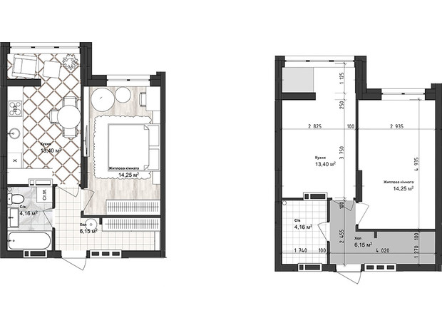 ЖК Sea Town: планування 1-кімнатної квартири 37.96 м²