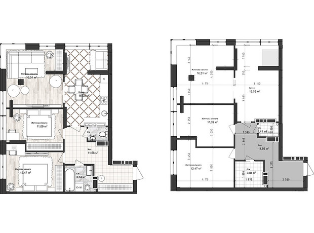 ЖК Sea Town: планування 3-кімнатної квартири 72.93 м²