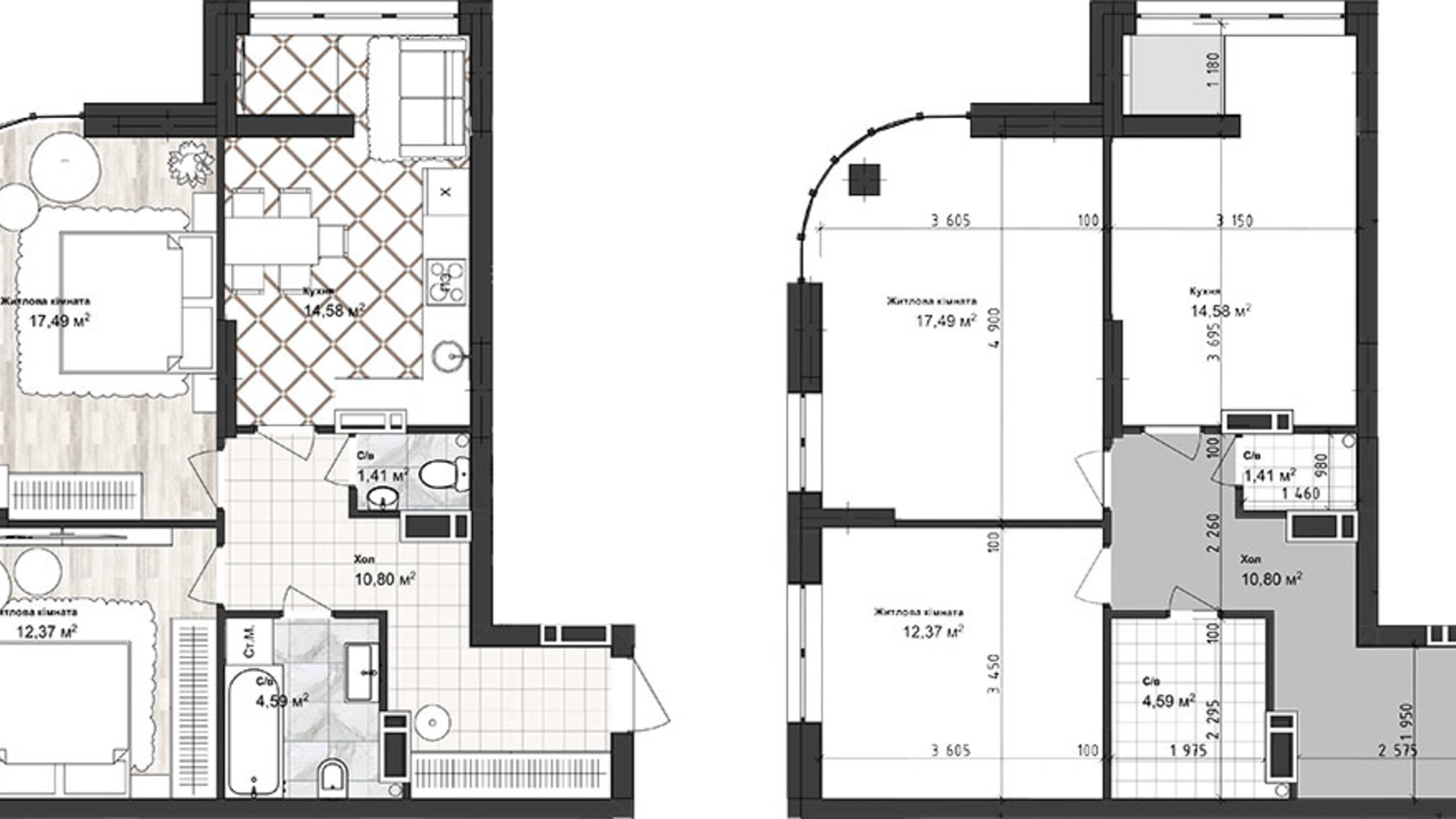 Планування 2-кімнатної квартири в ЖК Sea Town 61.29 м², фото 243588