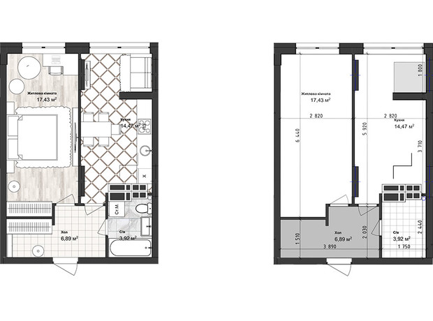 ЖК Sea Town: планировка 1-комнатной квартиры 42.72 м²