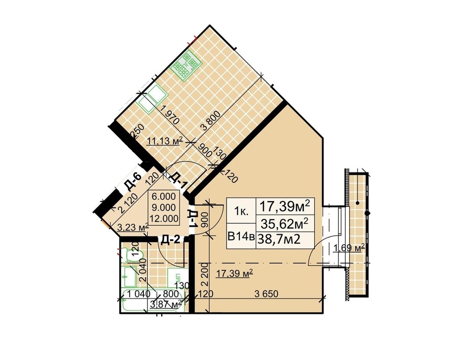 Планування 1-кімнатної квартири в ЖК Столичний 38.7 м², фото 243735 Планування 1-кімнатної квартири в ЖК Столичний 38.7 м², фото 243735