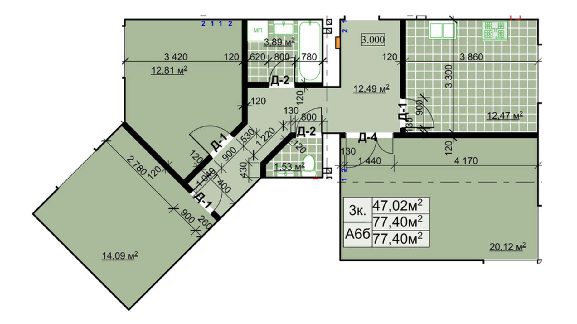 Планування 3-кімнатної квартири в ЖК Столичний квартал 77.4 м², фото 243738