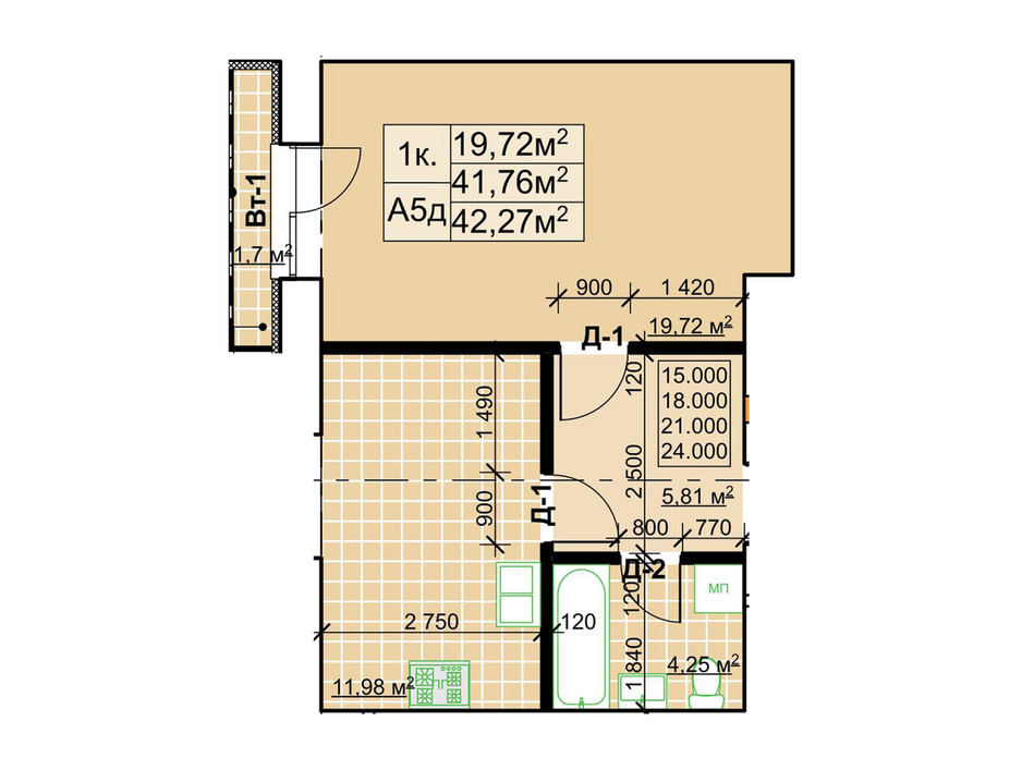 Планування 1-кімнатної квартири в ЖК Столичний 42.27 м², фото 243739 Планування 1-кімнатної квартири в ЖК Столичний 42.27 м², фото 243739